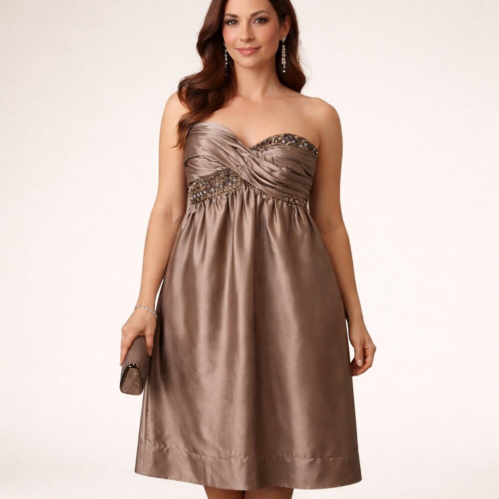 Maggy London Strapless Satin Midi Dress in Taupe with Beaded Trim